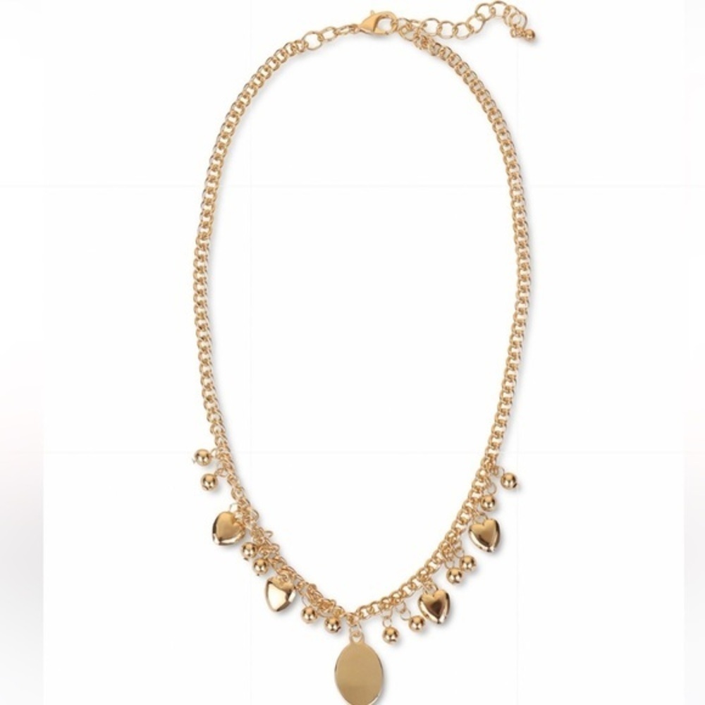 Gold tone oval disc,bead and puffy heart A statement necklace 17’’+2 extender